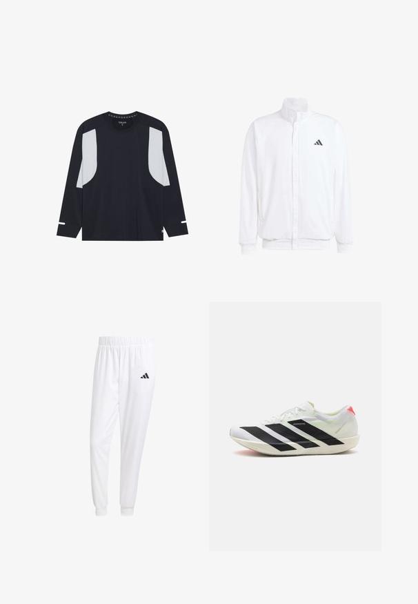 Casaco leve branco com colarinho alto, fecho frontal com zipper, bolsos laterais e um logótipo preto da Adidas no peito esquerdo. Textura suave.; Camisola atlética de manga longa em azul marinho com painéis de malha cinza claro nos ombros, gola redonda e discretos detalhes brancos nas mangas. Tecido suave e respirável.; Calças esportivas brancas feitas de tecido suave, com uma cintura elástica e punhos ajustados, apresentando um logo preto no bolso de trás.; Sapatilha atlética branca com riscas diagonais pretas, material de malha leve, detalhes em verde e aba do calcanhar vermelha; apresenta um design elegante e alongado.