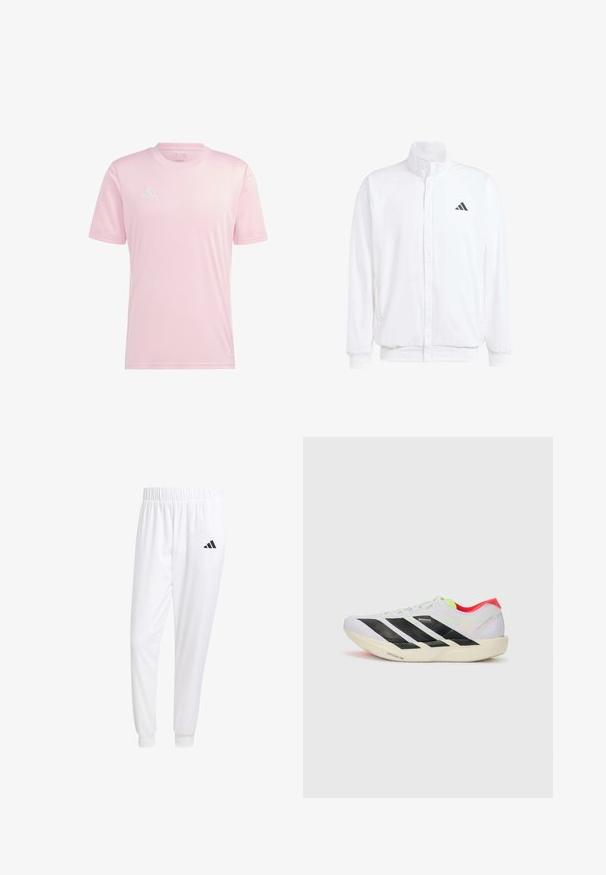 Bela lahka jakna s stojčnim ovratnikom, sprednjim zadrgo, stranskimi žepi in črnimi Adidasovimi logotipi na levem prsnem delu. Mehak material.; Svetlo roza kratkosleečna atletska majica iz lahkega materiala. Ima belo Adidasovo logo in stranske detajle. Gladka tekstura, okrogla vrata.; Bele atletske hlače iz gladkega materiala, z elastičnim pasom in prilagojenimi manšetami, na zadnjem žepu pa je črna logo.; Bela športna obutev z črnimi črtami, neonsko zelenimi poudarki in rdečo peto. Ima lahko zasnovo in teksturiran podplat za dober oprijem.
