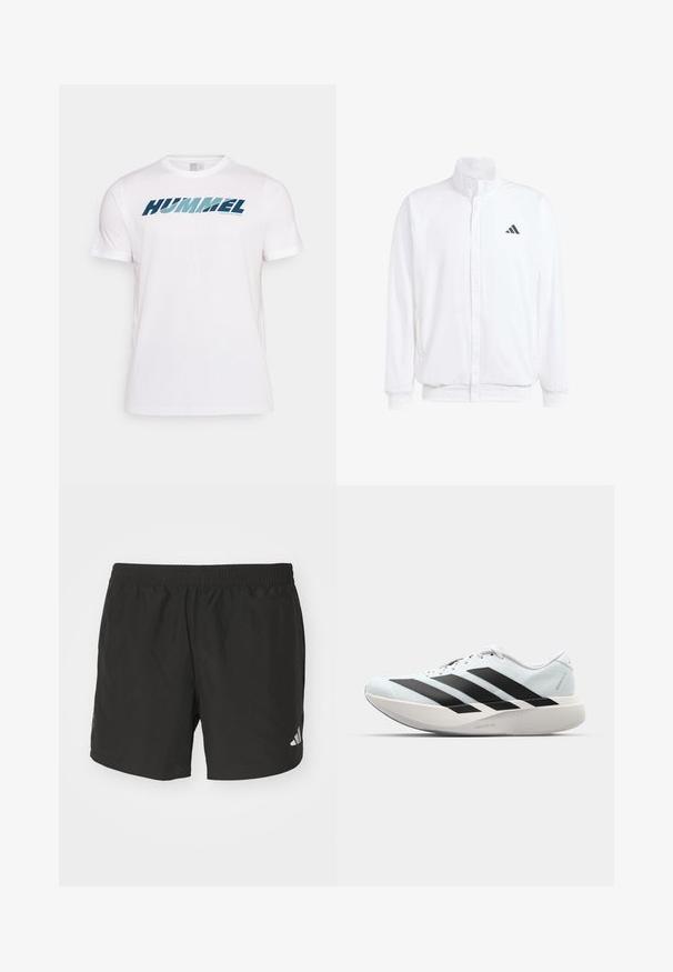 Balta lengva striukė su stovinčiu apykaklės, priekyje užtrauktuku, šoninėmis kišenėmis ir juodu Adidas logotipu kairėje krūtinės pusėje. Minkšta tekstūra.; Balta medvilninė marškinėliai su dideliu jūros mėlynumo ir žalios spalvos "HUMMEL" logotipu priekyje, rašytas šiuolaikiniu šriftu. Trumpomis rankovėmis ir apvaliu kaklu.; Juodi sportiniai šortai su elastinga juosmena, šoninėmis plyšiais ir atspindinčiais logotipais. Pagaminti iš lengvos, lygaus audinio.; Lengvi bėgimo batai šviesiai mėlynos spalvos su juodomis juostelėmis. Yra lygus viršus, apvalus pirštas ir storas baltas vidpadis su užrašu "LIGHTSTRIKE PRO."