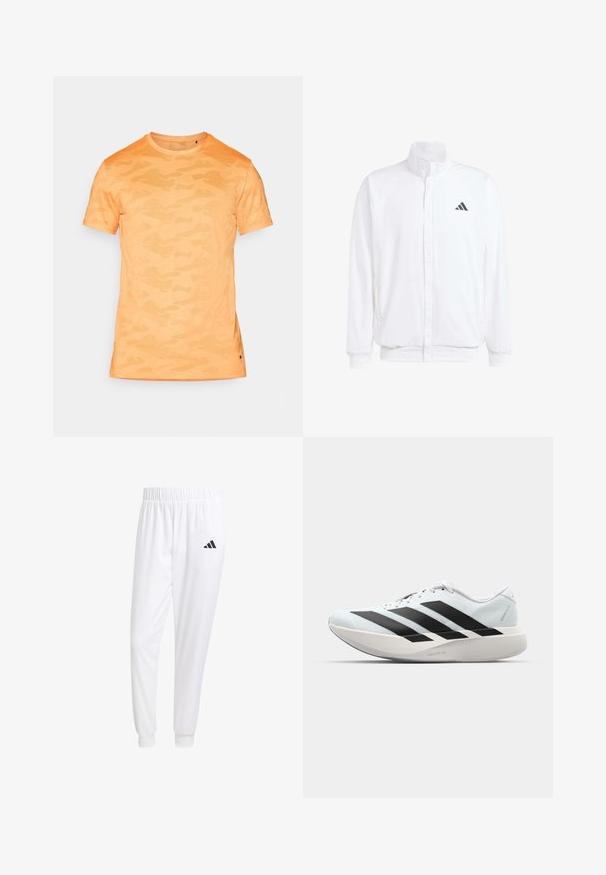 Bílá lehká bunda s stojatým límcem, předním zipem, bočními kapsami a černým logem Adidas na levé hrudi. Měkká textura.; Krátký rukáv tričko s oranžovým maskáčovým vzorem, kulatým výstřihem a jemně texturovanou tkaninou. Detail rozparku na lemu. Lehký design.; Bílé sportovní kalhoty vyrobené z hladkého materiálu, s elastickým pasem a přiléhavými manžetami, s černým logem na zadní kapse.; Lehké běžecké boty v světle modré barvě s černými pruhy. Mají hladký svršek, kulatou špičku a silnou bílou mezipodešev označenou "LIGHTSTRIKE PRO."