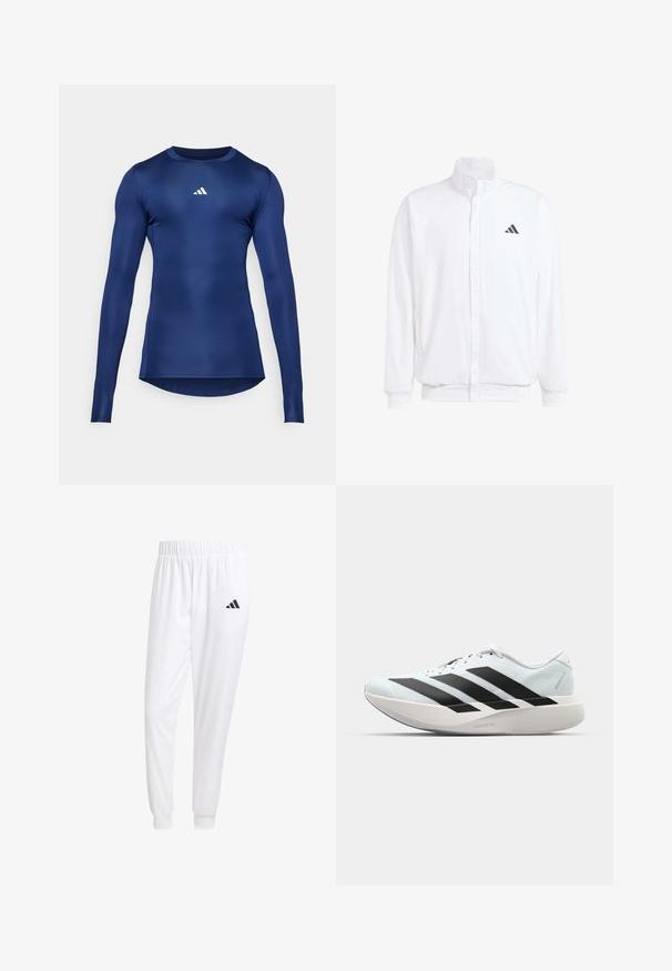 Biała lekka kurtka z podwyższonym kołnierzem, przednim zamkiem błyskawicznym, bocznymi kieszeniami oraz czarnym logo Adidas na lewej piersi. Miękka tekstura.; Granatowa sportowa koszulka z długim rękawem; gładka, elastyczna tkanina; okrągły dekolt; posiada małe białe logo na piersi; dopasowany krój.; Białe sportowe spodnie z gładkiego materiału, z elastycznym pasem w talii i dopasowanymi mankietami, z czarnym logo na tylnej kieszeni.; Lekkie buty do biegania w jasnoniebieskim kolorze z czarnymi pasami. Posiadają gładką cholewkę, okrągły nosek oraz grubą białą podeszwę środkową oznaczoną "LIGHTSTRIKE PRO."