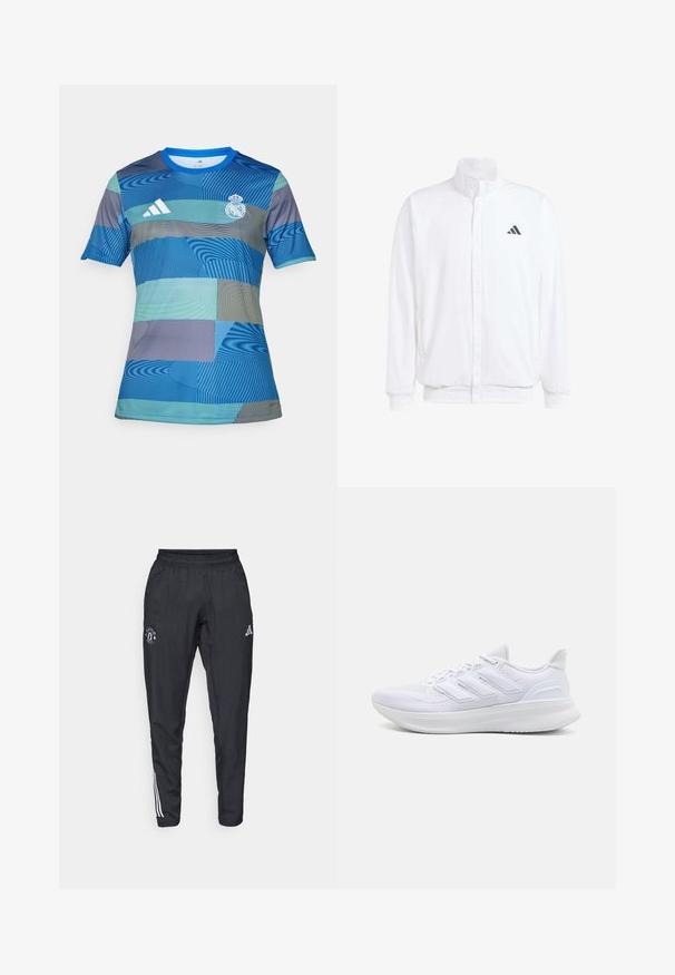 White lightweight jacket featuring a stand collar, front zipper closure, side pockets, and a black Adidas logo on the left chest. Soft texture.; Blue football jersey featuring a geometric pattern in varying shades of blue and green, short sleeves, round neck, and Adidas logo.; Black athletic pants featuring an elastic waistband, embroidered logo on the thigh, and white stripes running down the sides.; White athletic shoes featuring a textured mesh upper, supportive cushioned sole, and three stripe design on the side.