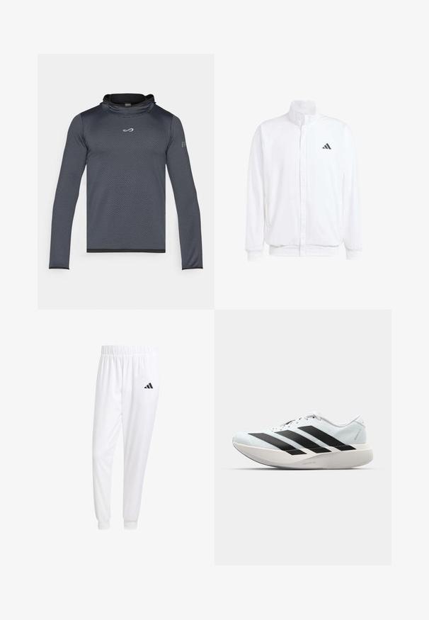 Hvid letvægtsjakke med en ståkrave, frontlynlås, sidelommer og et sort Adidas-logo på venstre bryst. Blød tekstur.; Endless HERO - Langærmet T-shirt - titanium; Hvide sportsbukser lavet af glat stof, med elastisk talje og tætsiddende manchetter, og med et sort logo på baglommen.; Letvægtige løbesko i lys blå med sorte striber. Har en glat overdel, rund tå og tyk hvid mellemsål mærket "LIGHTSTRIKE PRO."