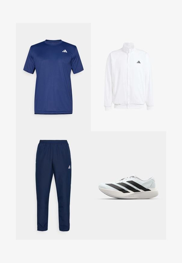 Casaco leve branco com colarinho alto, fecho frontal com zipper, bolsos laterais e um logótipo preto da Adidas no peito esquerdo. Textura suave.; T-shirt atlético de manga curta azul-marinho feito de um tecido suave. Apresenta um logo branco no lado superior esquerdo. Design de gola redonda.; Calças de treino azul marinho feitas de um tecido leve e suave, com um cós elástico e um logo branco na coxa esquerda.; Tênis de corrida leves em azul pálido com riscas pretas. Apresentam um cabedal liso, bico redondo e uma entressola espessa branca rotulada como "LIGHTSTRIKE PRO."