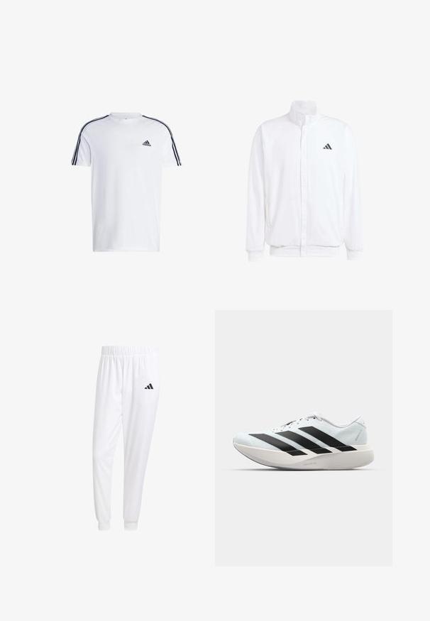 Bela lahka jakna s stojčnim ovratnikom, sprednjim zadrgo, stranskimi žepi in črnimi Adidasovimi logotipi na levem prsnem delu. Mehak material.; Bela kratka majica s kratkimi rokavi iz bombaža z črnim adidas logotipom na prsih in tremi črnimi črtami ob ramenih.; Bele atletske hlače iz gladkega materiala, z elastičnim pasom in prilagojenimi manšetami, na zadnjem žepu pa je črna logo.; Lahki tekaški čevlji v svetlo modri barvi z belimi črtami. Imajo gladek zgornji del, okroglo kapico in debel bel srednji podplat z označbo "LIGHTSTRIKE PRO."