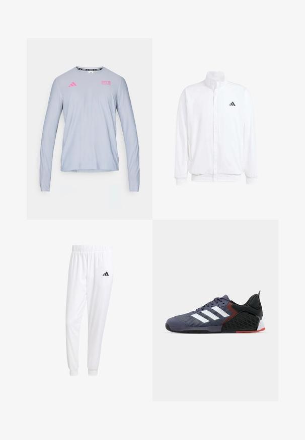 Vit lättviktsjacka med ståkrage, framdragkedja, sidofickor och en svart Adidas-logotyp på vänster bröst. Mjuk textur.; adidas Performance BER25 OTR LS TEE - Långärmad tröja - halo silver-coloured; Vita atletiska byxor gjorda av slät tyg, med resårmidja och åtsittande manschetter, samt en svart logotyp på bakfickan.; Lila idrottssko med mesh-överdel, tre vita ränder, vadderad krage, svarta och röda detaljer, texturerad sula och gummiyttersula.