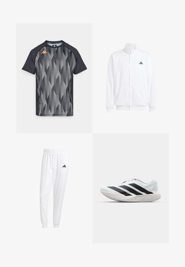 Bílá lehká bunda s stojatým límcem, předním zipem, bočními kapsami a černým logem Adidas na levé hrudi. Měkká textura.; Černé sportovní tričko s geometrickým pruhovaným vzorem v šedé a bílé, s oranžovým logem na levém rameni. Krátké rukávy.; Bílé sportovní kalhoty vyrobené z hladkého materiálu, s elastickým pasem a přiléhavými manžetami, s černým logem na zadní kapse.; Lehké běžecké boty v světle modré barvě s černými pruhy. Mají hladký svršek, kulatou špičku a silnou bílou mezipodešev označenou "LIGHTSTRIKE PRO."