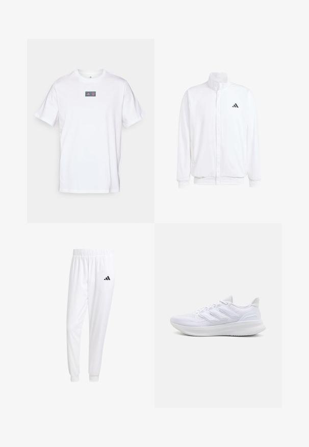 Weiße leichte Jacke mit Stehkragen, durchgehendem Reißverschluss, seitlichen Taschen und schwarzem Adidas-Logo auf der linken Brust. Weicher Stoff.; Weißes Baumwoll-T-Shirt mit Rundhalsausschnitt. Verfügt über ein rechteckiges Logo mit einem roten und blauen Design auf der Brust. Kurze Ärmel. Normale Passform.; Weiße Sporthose aus glattem Stoff, mit einem elastischen Bund und enganliegenden Bündchen, mit einem schwarzen Logo auf der Gesäßtasche.; Weiße Sportschuhe mit einem strukturierten Mesh-Obermaterial, einer stützenden gepolsterten Sohle und einem drei Streifen-Design an der Seite.