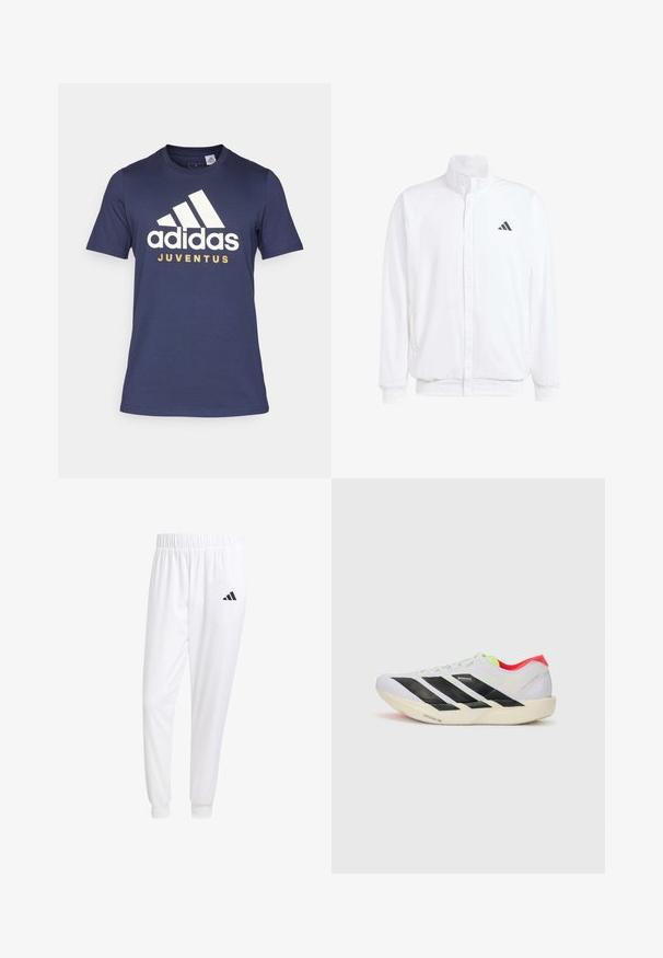 Bijela lagana jakna s visokim ovratnikom, prednjim zatvaračem, bočnim džepovima i crnim Adidas logom na lijevoj sisi. Mekana tekstura.; adidas Performance JUVENTUS TURIN SZN GR TEE - Klupska odjeća - legend ink; Bijele atletske hlače od glatkog materijala, sa elastičnom vrpcom u struku i pripijenim manžetama, sa crnim logom na stražnjem džepu.; Bijela trkačka cipela s crnim prugama, neon zelenim naglascima i crvenim petom. Ima lagani dizajn i teksturiranu potplat za bolji grip.