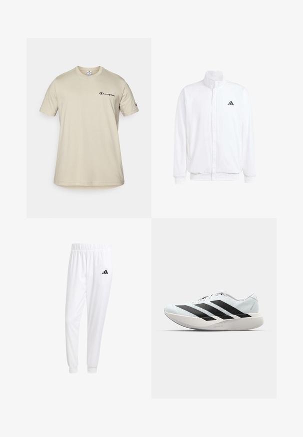 Weiße leichte Jacke mit Stehkragen, durchgehendem Reißverschluss, seitlichen Taschen und schwarzem Adidas-Logo auf der linken Brust. Weicher Stoff.; Beige Kurzarm-T-Shirt aus Baumwolle mit schwarzem "Champion"-Logo auf der linken Brust und einem kleinen Logo auf dem rechten Ärmel.; Weiße Sporthose aus glattem Stoff, mit einem elastischen Bund und enganliegenden Bündchen, mit einem schwarzen Logo auf der Gesäßtasche.; Leichte Laufschuhe in hellblau mit schwarzen Streifen. Sie verfügen über ein glattes Obermaterial, eine runde Zehenpartie und eine dicke weiße Zwischensohle, die mit "LIGHTSTRIKE PRO" beschriftet ist.