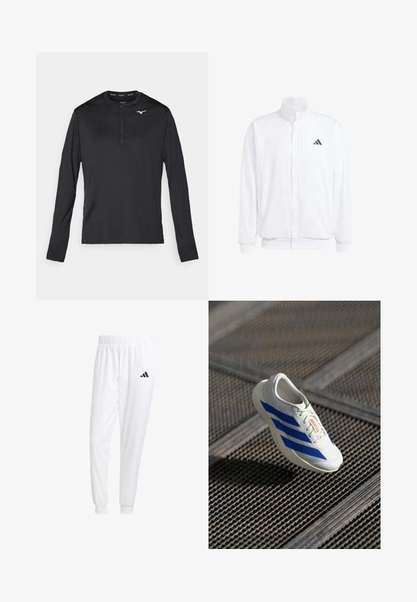 Chaqueta ligera blanca con cuello alzado, cierre frontal con cremallera, bolsillos laterales y un logo negro de Adidas en el lado izquierdo del pecho. Textura suave.; Camiseta atlética de manga larga en negro, con un cuello de media cremallera y un pequeño logo blanco en el pecho. Está hecha de una tela suave y ligera.; Pantalones deportivos blancos de tela suave, con cinturilla elástica y puños ajustados, y un logo negro en el bolsillo trasero.; Zapatilla deportiva blanca con rayas azules, diseño ligero, parte superior de malla, cierre con cordones y suela de goma texturizada, flotando sobre una superficie de cuadrícula.