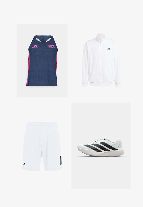 Casaco leve branco com colarinho alto, fecho frontal com zipper, bolsos laterais e um logótipo preto da Adidas no peito esquerdo. Textura suave.; adidas Performance BER25 SINGLET - Top - collegiate navy; Calções brancos desportivos com cintura elástica, apresentando três riscas pretas nas laterais e um logótipo preto na parte inferior da perna esquerda.; Tênis de corrida leves em azul pálido com riscas pretas. Apresentam um cabedal liso, bico redondo e uma entressola espessa branca rotulada como "LIGHTSTRIKE PRO."