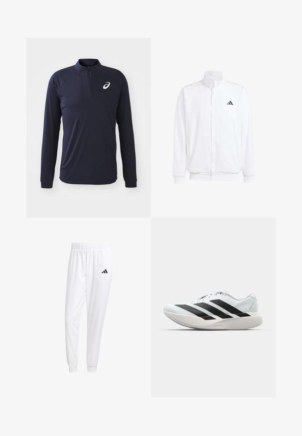 White lightweight jacket featuring a stand collar, front zipper closure, side pockets, and a black Adidas logo on the left chest. Soft texture.; Navy long-sleeve athletic shirt with a half-zip collar, smooth texture, and a small contrasting logo on the left chest.; White athletic pants made of smooth fabric, featuring an elastic waistband and fitted cuffs, with a black logo on the back pocket.; Lightweight running shoes in pale blue with black stripes. Features a smooth upper, round toe, and thick white midsole labeled "LIGHTSTRIKE PRO."