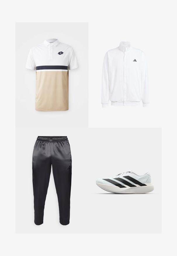 Casaco leve branco com colarinho alto, fecho frontal com zipper, bolsos laterais e um logótipo preto da Adidas no peito esquerdo. Textura suave.; Camisa polo com parte superior branca, inferior bege e risca horizontal azul-marinho. Apresenta um colarinho com botões e um logo no peito. Tecido texturizado.; Calças atléticas pretas feitas de um tecido leve e suave com um cós elástico. Apresenta um pequeno logótipo no lado esquerdo e pernas ajustadas.; Tênis de corrida leves em azul pálido com riscas pretas. Apresentam um cabedal liso, bico redondo e uma entressola espessa branca rotulada como "LIGHTSTRIKE PRO."