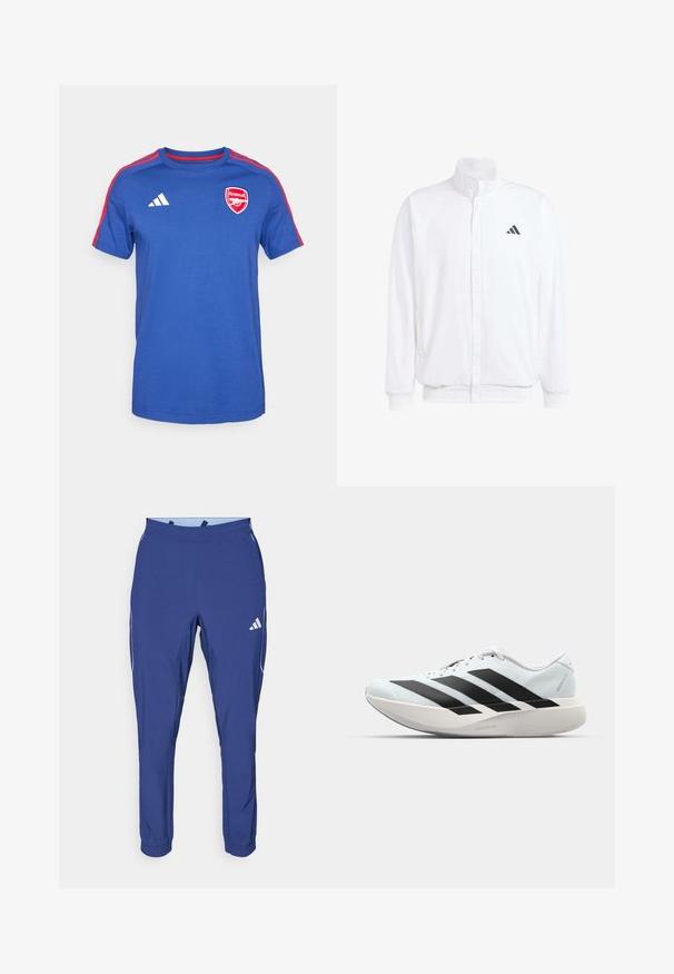Giacca leggera bianca con colletto alto, chiusura frontale con zip, tasche laterali e logo Adidas nero sul lato sinistro del petto. Texture morbida.; adidas Performance ARSENAL FC DNA T-SHIRT - T-shirt con stampa - victory blue; adidas Performance TECH APP - Pantaloni sportivi - dark blue/glow blue; Scarpe da corsa leggere di colore azzurro pallido con strisce nere. Presentano una tomaia liscia, punta rotonda e un'ampia intersuola bianca etichettata "LIGHTSTRIKE PRO."