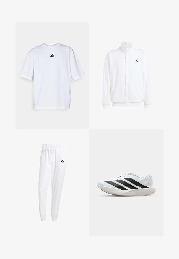 Hvid letvægtsjakke med en ståkrave, frontlynlås, sidelommer og et sort Adidas-logo på venstre bryst. Blød tekstur.; Hvid bomulds T-shirt med et sort Adidas-logo på brystet, korte ærmer, en rund halsudskæring og sideslids ved kanten.; Hvide sportsbukser lavet af glat stof, med elastisk talje og tætsiddende manchetter, og med et sort logo på baglommen.; Letvægtige løbesko i lys blå med sorte striber. Har en glat overdel, rund tå og tyk hvid mellemsål mærket "LIGHTSTRIKE PRO."