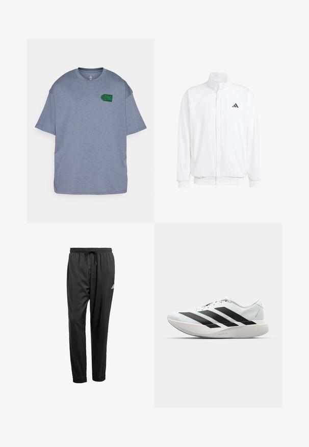 Bílá lehká bunda s stojatým límcem, předním zipem, bočními kapsami a černým logem Adidas na levé hrudi. Měkká textura.; Šedé tričko s krátkým rukávem vyrobené z měkké látky, s grafikou zeleného basketbalového míče a číslem "96" na levé části hrudi. Uvolněný střih.; Černé sportovní kalhoty s elastickým pasem, šňůrkou, manžetami na kotnících a malým bílým logem na pravém stehně.; Lehké běžecké boty v světle modré barvě s černými pruhy. Mají hladký svršek, kulatou špičku a silnou bílou mezipodešev označenou "LIGHTSTRIKE PRO."