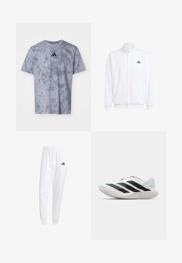 Valge kerge jakk, millel on seisev krae, ees lukuga kinnitus, küljetaskud ja must Adidas logo vasakul rinnal. Pehme tekstuur.; Hall sõlgadega hall T-särk, millel on seotuksuhte muster, esiküljel suur must Adidas'i logo ja tekstureeritud kangas.; Valged sportpüksid, mis on valmistatud siledast kangast, omavad elastset vöökohta ja kitsaid mansette, tagakoti peal on must logo.; Kerged jooksujalatsid helesinises värvuses mustade triipudega. Omavad siledat pealispinda, ümarat varvase osa ja paksu valget vahemõõtu, millel on silt "LIGHTSTRIKE PRO".