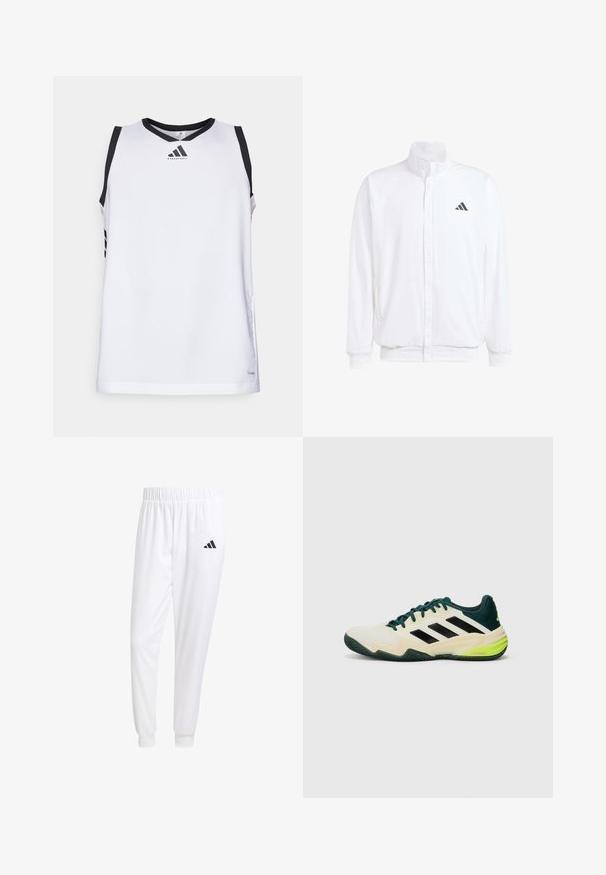 Fehér, könnyű dzseki, álló gallérral, elülső cipzáros záródással, oldalsó zsebekkel és fekete Adidas logóval a bal mellen. Puha tapintású.; Fehér kosárlabda mez fekete nyakkal és vállrész kiemelésekkel, mellkason logo és mindkét oldalon három fekete csíkkal.; Fehér sportnadrág sima anyagból, rugalmas derékpánttal és szűkített bokákkal, a hátsó zsebében fekete logóval.; Tejszínből készült tornacucc, fekete csíkkal, zöld részletekkel és struktúrált gumitalppal a tapadás érdekében. Szintetikus anyagokból készült.