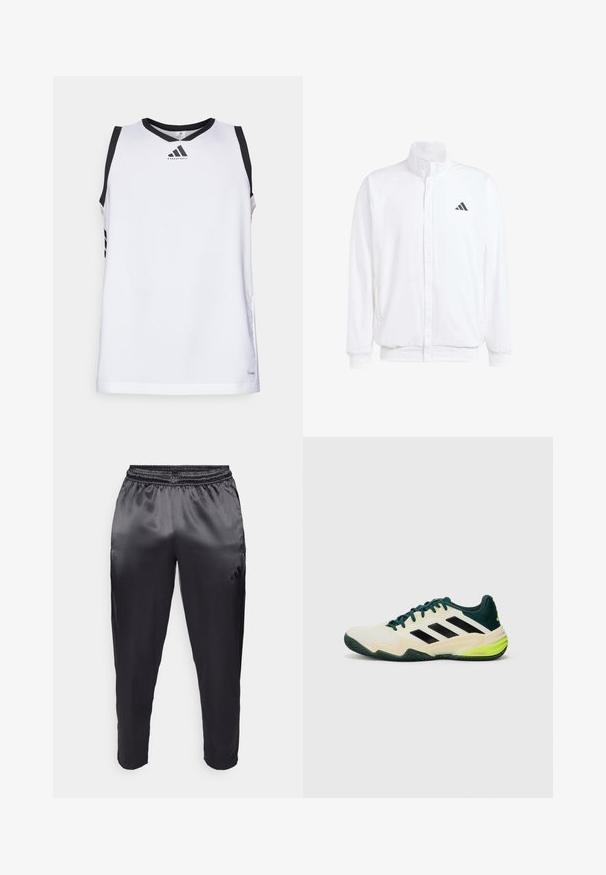 Bela lahka jakna s stojčnim ovratnikom, sprednjim zadrgo, stranskimi žepi in črnimi Adidasovimi logotipi na levem prsnem delu. Mehak material.; Bela košarkaška majica z črnim ovratnikom in posnetki na ramenih, ki ima logotip na prsih in tri črne črte na vsaki strani.; Črne športne hlače iz gladkega, lahkega materiala z elastičnim pasom. Imajo majhen logotip na levi strani in zožene hlačnice.; Tenis čevlji s kremnim zgornjim delom, črnimi črtami, zelenimi dodatki in teksturirano gumijasto podplatom za oprijem. Narejeni so iz sintetičnih materialov.