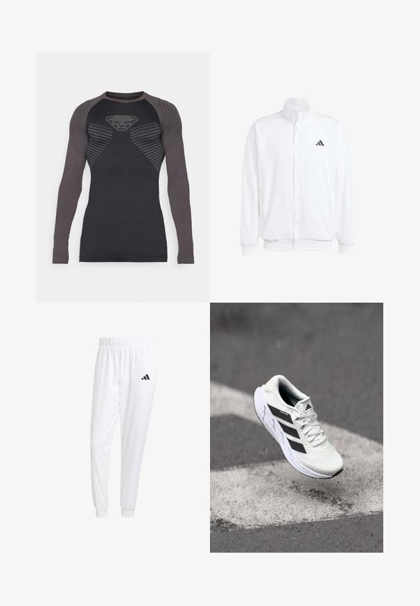 Valge kerge jakk, millel on seisev krae, ees lukuga kinnitus, küljetaskud ja must Adidas logo vasakul rinnal. Pehme tekstuur.; Pikend käised sportlik termalne särk mustas ja tumesinises värvuses. Omab tekstuurset mustrit õlgadel ja rinnal, liibuvat disaini ning siledat kangast.; Valged sportpüksid, mis on valmistatud siledast kangast, omavad elastset vöökohta ja kitsaid mansette, tagakoti peal on must logo.; Valge spordijalats tekstuurse võrgu pealmise osaga, mustade triipudega, nööriga kinnitamine ja pehmendatud tallaga, levib märgitud teepinna kohal.