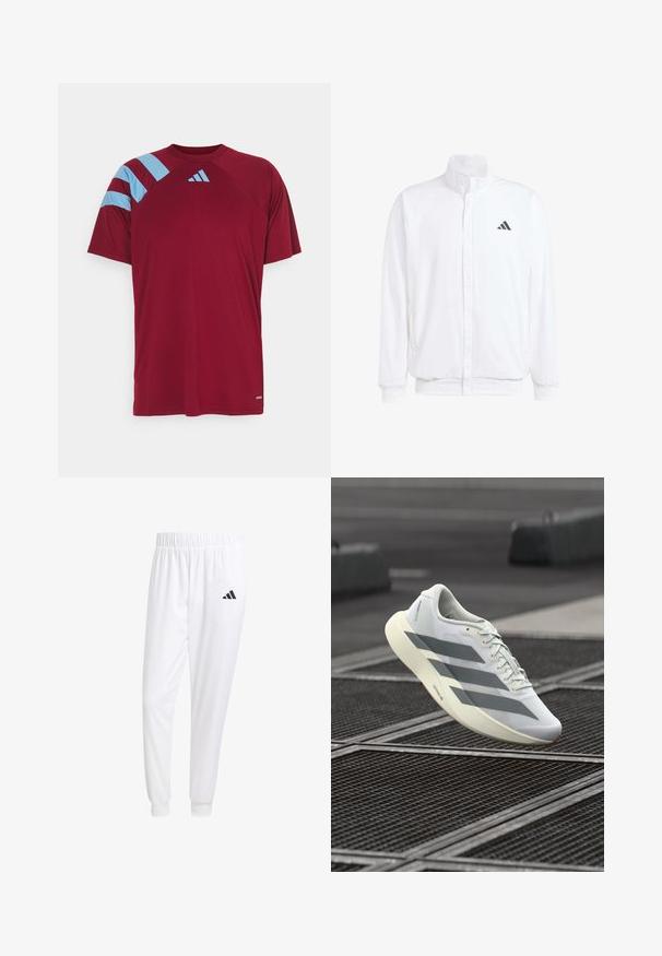 Valge kerge jakk, millel on seisev krae, ees lukuga kinnitus, küljetaskud ja must Adidas logo vasakul rinnal. Pehme tekstuur.; Punane spordipoliis, lühikeste varrukatega, millel on sinised triibud vasakul õlal ja väike valge logo rinnal. Sile tekstuur.; Valged sportpüksid, mis on valmistatud siledast kangast, omavad elastset vöökohta ja kitsaid mansette, tagakoti peal on must logo.; Valge sportlik jalanõu tekstureeritud võrgus ülaosaga, hallide triipude ja pehmendusega tallaga. Kerge disain, sobib jooksmiseks.