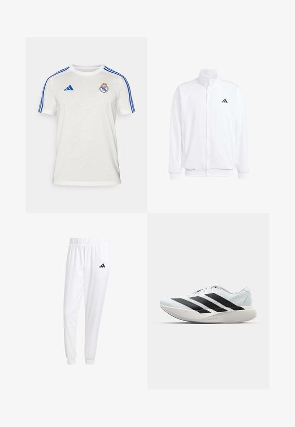 Balta lengva striukė su stovinčiu apykaklės, priekyje užtrauktuku, šoninėmis kišenėmis ir juodu Adidas logotipu kairėje krūtinės pusėje. Minkšta tekstūra.; Balta Adidas marškinėliai su mėlynomis juostelėmis ant pečių, siuvinėtu klubo logotipu ant krūtinės. Pagaminti iš lengvos medžiagos, trumpomis rankovėmis.; Balti sportiniai keliaraiščiai, pagaminti iš lygios medžiagos, su elastinga liemene ir priglundančiais rankogaliais, ant galinio kišenės yra juodas logotipas.; Lengvi bėgimo batai šviesiai mėlynos spalvos su juodomis juostelėmis. Yra lygus viršus, apvalus pirštas ir storas baltas vidpadis su užrašu "LIGHTSTRIKE PRO."