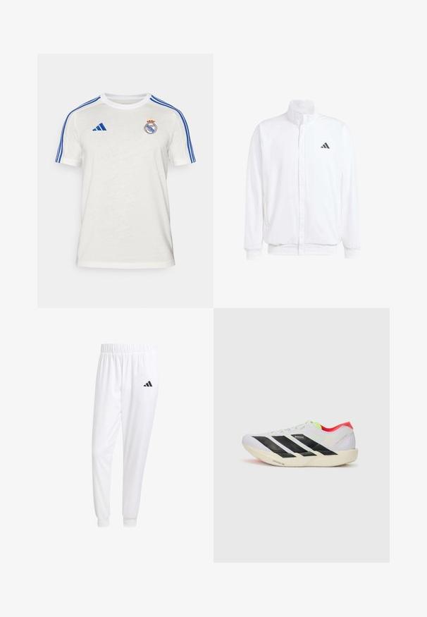Balts viegls jaciņš ar stāvo apkakli, priekšējo rāvējslēdzēju, sānu kabatām un melnu Adidas logo kreisajā krūtī. Mīksta tekstūra.; Balts Adidas T-krekls ar ziliem svītrām uz pleciem, izsistē kluba logo krūšu daļā. Izgatavots no viegla auduma, īsām piedurknēm.; Baltas sporta bikses, kas izgatavotas no gludas auduma, ar elastīgu jostu un pieguļošiem uzmavām, ar melnu logotipu aizmugurējā kabatā.; Balti skrienamie apavi ar melnām svītrām, neona zaļiem akcentiem un sarkanu papēdi. Izceļas ar vieglu dizainu un teksturētu zoli, kas nodrošina labu saķeri.