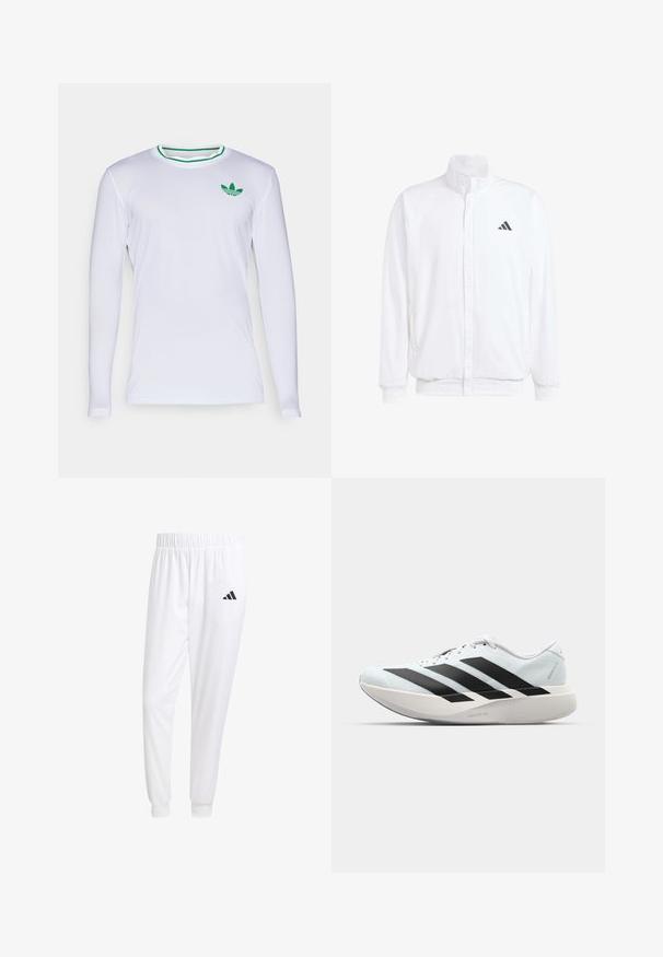 Balta lengva striukė su stovinčiu apykaklės, priekyje užtrauktuku, šoninėmis kišenėmis ir juodu Adidas logotipu kairėje krūtinės pusėje. Minkšta tekstūra.; Baltos ilgomis rankovėmis marškiniai, pagaminti iš lygaus audinio, su žaliomis dryžuotomis apykakle ir mažą žalią Adidas logotipą kairėje krūtinės pusėje.; Balti sportiniai keliaraiščiai, pagaminti iš lygios medžiagos, su elastinga liemene ir priglundančiais rankogaliais, ant galinio kišenės yra juodas logotipas.; Lengvi bėgimo batai šviesiai mėlynos spalvos su juodomis juostelėmis. Yra lygus viršus, apvalus pirštas ir storas baltas vidpadis su užrašu "LIGHTSTRIKE PRO."