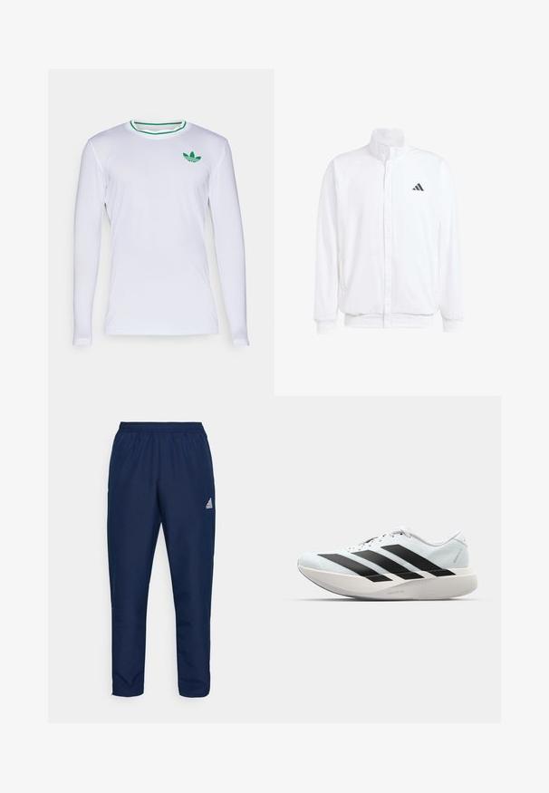 Balts viegls jaciņš ar stāvo apkakli, priekšējo rāvējslēdzēju, sānu kabatām un melnu Adidas logo kreisajā krūtī. Mīksta tekstūra.; Balta garām piedurknēm krekls, izgatavots no gludas auduma, ar zaļām svītrām apļveida kakla izgriezumā un mazu zaļu Adidas logotipu kreisajā krūtī.; Tumši zilie sporta bikses, kas izgatavotas no viegla, gluda auduma, ar elastīgu jostu un baltu logo kreisajā augšstilbā.; Gaiši zili vieglie skriešanas apavi ar melniem svītrainiem. Iezīmēti ar gludu augšpusi, apaļu purngalu un biezāko balto vidējo zoli, kurā ir uzraksts "LIGHTSTRIKE PRO."