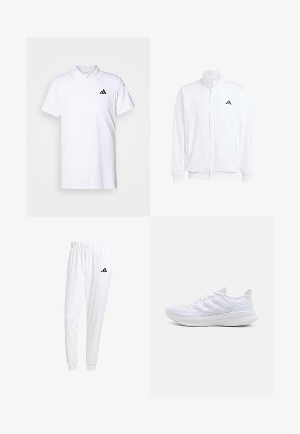 Bílá lehká bunda s stojatým límcem, předním zipem, bočními kapsami a černým logem Adidas na levé hrudi. Měkká textura.; Bílá polokošile vyrobená z bavlny, s límečkem a krátkým rukávem. Černé logo Adidas umístěné na levé straně hrudi. Hladká textura.; Bílé sportovní kalhoty vyrobené z hladkého materiálu, s elastickým pasem a přiléhavými manžetami, s černým logem na zadní kapse.; Bílé sportovní boty s texturovaným síťovaným svrškem, podpůrnou polstrovanou podrážkou a třemi pruhy na boku.