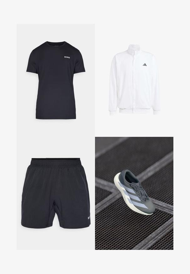 Casaco leve branco com colarinho alto, fecho frontal com zipper, bolsos laterais e um logótipo preto da Adidas no peito esquerdo. Textura suave.; Camisa preta de algodão macio, com decote redondo e mangas curtas. Logótipo "BORG" em branco na área do peito esquerdo.; Calções pretos com uma cintura elástica, feitos de um tecido liso e leve, apresentando um pequeno logotipo no canto inferior direito.; Shoe desportivo em cinza e branco, feito de material sintético, com um design aerodinâmico, acabamento texturizado e um sistema de atacadores proeminente.