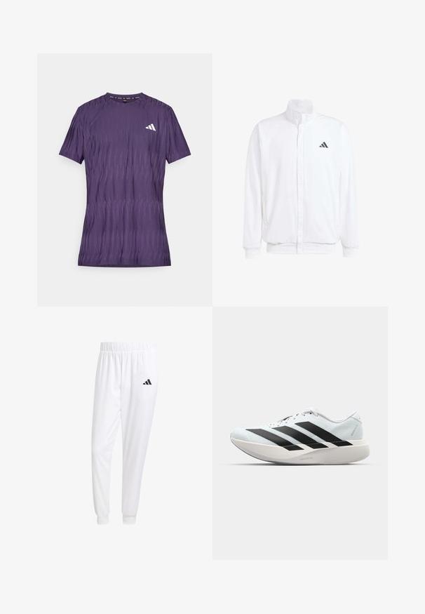 Biela ľahká bunda so stojáčikovým golierom, predným zipsom, bočnými vreckami a čiernym logom Adidas na ľavej hrudi. Mäkčená štruktúra.; Fialové športové tričko s textúrovaným vzorom, krátkymi rukávmi a okrúhlym výstrihom. Na ľavej strane hrudníka sa nachádza biele logo.; Biele športové nohavice z hladkej tkaniny, s elastickým pásom a priliehavými manžetami, s čiernym logom na zadnej vrecku.; Ľahké bežecké topánky v svetlomodrej farbe s čiernymi pruhmi. Majú hladký zvršok, okrúle špičky a hrubú bielu medzipodrážku označenú "LIGHTSTRIKE PRO."