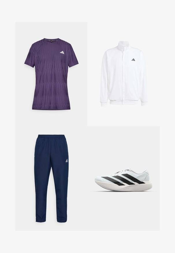Jachetă albă ușoară, cu guler în picioare, închidere cu fermoar în față, buzunare laterale și un logo Adidas negru pe pieptul stâng. Textură moale.; Tricou sportiv violet cu un model texturat, cu mâneci scurte și decolteu rotund. Prezentă un logo alb pe partea stângă a pieptului.; Pantaloni sportivi de culoare albastru închis, fabricați dintr-un material ușor și neted, cu un brâu elastic și un logo alb pe coapsa stângă.; Pantofi de alergare ușori în albastru deschis cu dungi negre. Au un superior neted, vârf rotund și o intermediară groasă albă etichetată "LIGHTSTRIKE PRO."