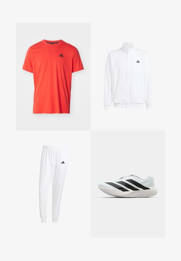 Λευκό ελαφρύ μπουφάν με όρθιο γιακά, φερμουάρ μπροστά, πλαϊνές τσέπες και μαύρο λογότυπο Adidas στο αριστερό στήθος. Μαλακή υφή.; adidas Performance TR-ES FR T - Αθλητικό μπλουζάκι - bright red/black; Λευκά αθλητικά παντελόνια από λείο ύφασμα, με ελαστική μέση και εφαρμοστά μανίκια, που διαθέτουν ένα μαύρο λογότυπο στην πίσω τσέπη.; Ελαφριά αθλητικά παπούτσια τρεξίματος σε ανοιχτό μπλε με μαύρες ρίγες. Διαθέτουν λείο άνω μέρος, στρογγυλή μύτη και παχύ λευκό ενδιάμεσο πέλμα που φέρει την ετικέτα "LIGHTSTRIKE PRO."