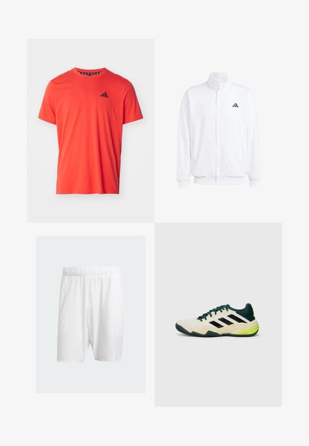 Casaco leve branco com colarinho alto, fecho frontal com zipper, bolsos laterais e um logótipo preto da Adidas no peito esquerdo. Textura suave.; adidas Performance TR-ES FR T - T-shirt desportiva - bright red/black; Calções de desporto brancos feitos de um tecido leve, com uma cintura elástica, textura suave e corte até ao joelho.; Ténis com parte superior em creme, riscas pretas, detalhes verdes e sola de borracha texturizada para aderência. Construídos a partir de materiais sintéticos.