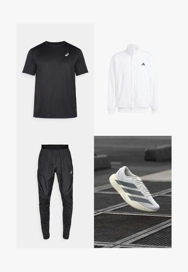 White lightweight jacket featuring a stand collar, front zipper closure, side pockets, and a black Adidas logo on the left chest. Soft texture.; Black short-sleeve athletic t-shirt made of breathable fabric, featuring a round neckline and a small white logo on the upper left chest.; Black athletic pants with a stretchy waistband, side pockets, and contrasting texture panels on the legs. Asics logo on the hip.; White athletic shoe with a textured mesh upper, featuring grey stripes and a cushioned sole. Lightweight design suitable for running.