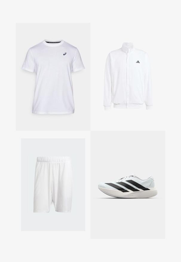 Balts viegls jaciņš ar stāvo apkakli, priekšējo rāvējslēdzēju, sānu kabatām un melnu Adidas logo kreisajā krūtī. Mīksta tekstūra.; ASICS ROAD GRAPHIC TEE MEN - Apdrukāts T-krekls - brilliant white; Baltie sporta šorti, kas izgatavoti no viegla auduma, ar elastīgu jostu, gludu tekstūru un ceļgala garuma griezumu.; Gaiši zili vieglie skriešanas apavi ar melniem svītrainiem. Iezīmēti ar gludu augšpusi, apaļu purngalu un biezāko balto vidējo zoli, kurā ir uzraksts "LIGHTSTRIKE PRO."