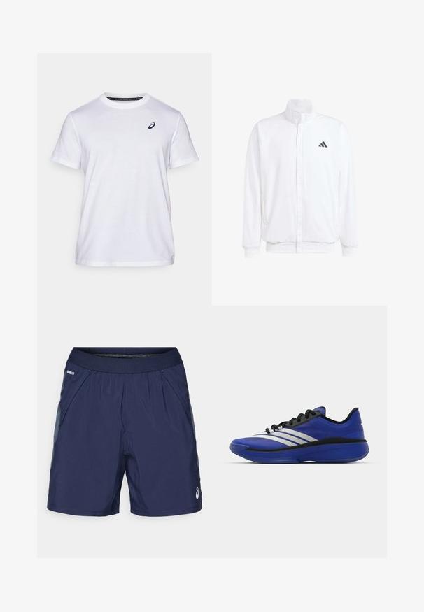 Balta lengva striukė su stovinčiu apykaklės, priekyje užtrauktuku, šoninėmis kišenėmis ir juodu Adidas logotipu kairėje krūtinės pusėje. Minkšta tekstūra.; ASICS ROAD GRAPHIC TEE MEN - Marškinėliai su spaudiniu - brilliant white; Tamsiai mėlyni sportiniai šortai su elastingu juosmeniu, šoniniais kišenėmis ir šviesiai pilkais akcentais. Pagaminti iš lengvos, glotnios medžiagos, užtikrinančios komfortą.; adidas Performance ADIZERO SELECT 3.0 - Krepšinio batai - lucid blue/core black/metallic
