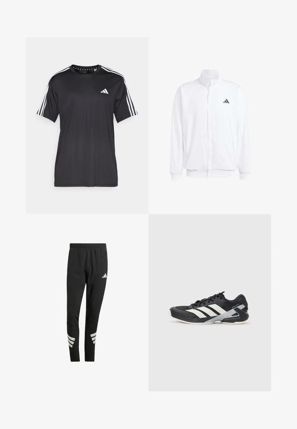 Casaco leve branco com colarinho alto, fecho frontal com zipper, bolsos laterais e um logótipo preto da Adidas no peito esquerdo. Textura suave.; T-shirt preta de mangas curtas com um design de três riscas brancas nos ombros e logótipo no peito. Feita de um tecido respirável, de textura suave.; Calças atléticas pretas com um cós elástico, apresentando detalhes refletivos brancos em padrão riscado nas pernas inferiores. Feitas de um tecido suave.; Sapata atlética preta com riscas brancas, parte superior em malha, biqueira arredondada e sola acolchoada. Apresenta um calcanhar texturizado e um sistema de atacadores seguro.