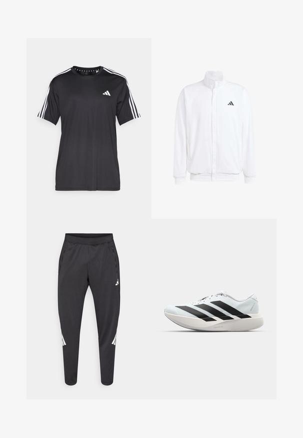 Valkoinen kevyt takki, jossa on pystysuora kaulus, etuvetoketju, sivutaskut ja musta Adidas-logo vasemmassa rinnassa. Pehmeä rakenne.; Mustavalkoinen, lyhythihainen t-paita, jossa on valkoinen kolmiraidallinen design hartioilla ja logo rinnassa. Valmistettu hengittävästä kankaasta, jonka pinta on sileä.; Mustat urheiluhousut kapeilla lahkeilla, joustavalla vyötärönauhalla, sivutaskuilla sekä valkoisella logolla ja raidallisilla yksityiskohdilla. Valmistettu sileästä, kevyestä materiaalista.; Kevyt juoksukengät vaaleansinisinä mustilla raidoilla. Ominaisuuksiin kuuluu sileä pinta, pyöreä kärki ja paksu valkoinen välipohja, joka on merkitty "LIGHTSTRIKE PRO".