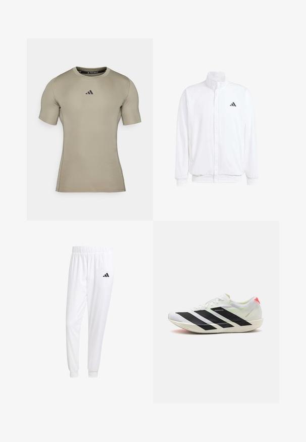 Bílá lehká bunda s stojatým límcem, předním zipem, bočními kapsami a černým logem Adidas na levé hrudi. Měkká textura.; Přiléhavé krátké rukávové sportovní tričko ve světlé béžové barvě, vyrobené z hladkého, elastického materiálu. Obsahuje černé logo na hrudi a kulatý výstřih.; Bílé sportovní kalhoty vyrobené z hladkého materiálu, s elastickým pasem a přiléhavými manžetami, s černým logem na zadní kapse.; Bílé sportovní boty s černými diagonálními pruhy, lehký síťovaný materiál, zelené akcenty a červená patní klapka; mají štíhlý, prodloužený design.