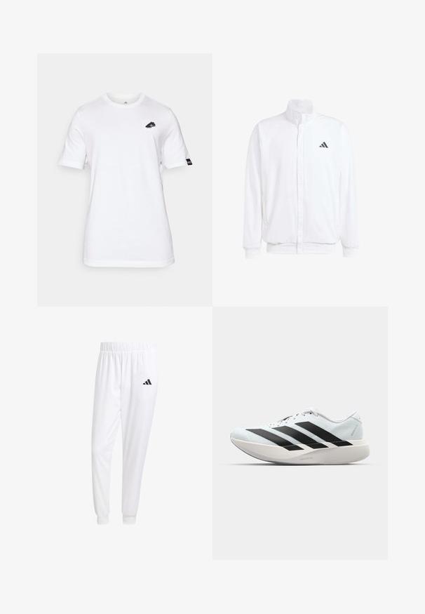 Veste légère blanche avec col montant, fermeture éclair sur le devant, poches latérales, et un logo Adidas noir sur la poitrine gauche. Texture douce.; adidas Performance COPA SIGNATURE GRAPHIC - T-shirt imprimé - white; Pantalons de sport blancs en tissu lisse, dotés d'une taille élastique et de poignets ajustés, avec un logo noir sur la poche arrière.; Baskets de course légères en bleu pâle avec des rayures noires. Elles présentent un dessus lisse, un embout rond et une semelle intermédiaire blanche épaisse étiquetée "LIGHTSTRIKE PRO".