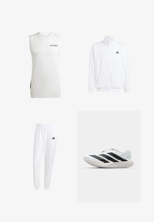 White lightweight jacket featuring a stand collar, front zipper closure, side pockets, and a black Adidas logo on the left chest. Soft texture.; Sleeveless white athletic shirt made of moisture-wicking fabric, featuring a round neckline and black side accents with the Terrex logo.; White athletic pants made of smooth fabric, featuring an elastic waistband and fitted cuffs, with a black logo on the back pocket.; Lightweight running shoes in pale blue with black stripes. Features a smooth upper, round toe, and thick white midsole labeled "LIGHTSTRIKE PRO."
