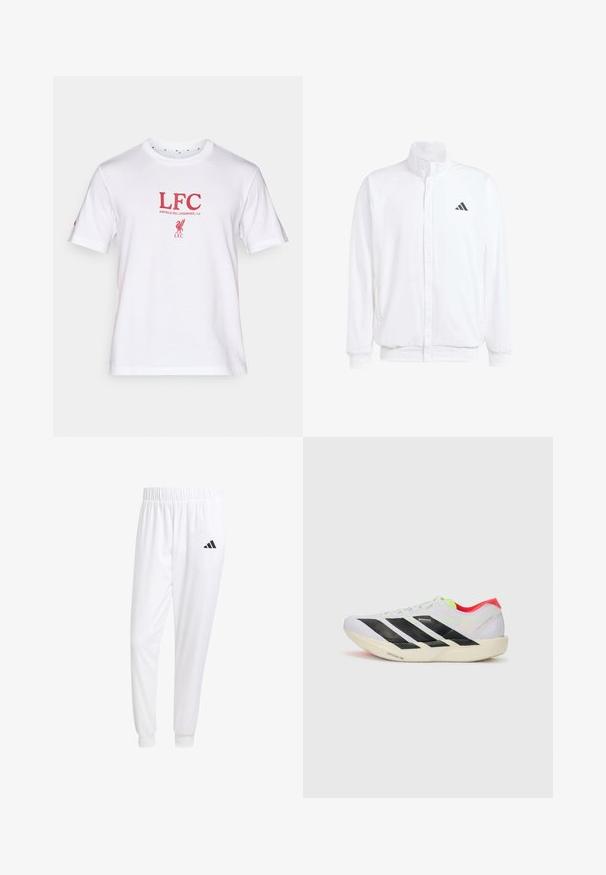 Witte lichtgewicht jas met een staande kraag, voorzijde met rits, zijzakken en een zwart Adidas-logo op de linkerborst. Zachte textuur.; Witte katoen t-shirt met rode "LFC" tekst en "ANFIELD RD, LIVERPOOL, L4" eronder, met een logo van een vogel. Korte mouwen en ronde hals.; Witte sportbroek van gladde stof, met een elastische tailleband en smalle taillebanden, voorzien van een zwart logo op de achterzak.; Witte hardloopschoen met zwarte strepen, neon groene accenten en een rode hak. Beschikt over een lichtgewicht ontwerp en een gestructureerde zool voor grip.