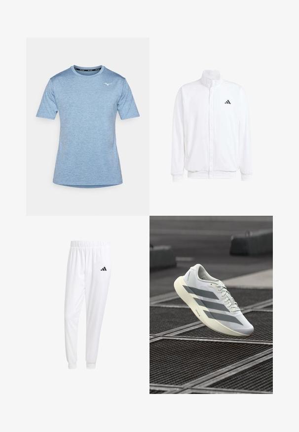 Λευκό ελαφρύ μπουφάν με όρθιο γιακά, φερμουάρ μπροστά, πλαϊνές τσέπες και μαύρο λογότυπο Adidas στο αριστερό στήθος. Μαλακή υφή.; Κοντομάνικο μπλουζάκι σε ανοιχτό μπλε χρώμα, με στρογγυλή λαιμόκοψη και διακριτή υφή, και ένα μικρό λευκό λογότυπο στο στήθος.; Λευκά αθλητικά παντελόνια από λείο ύφασμα, με ελαστική μέση και εφαρμοστά μανίκια, που διαθέτουν ένα μαύρο λογότυπο στην πίσω τσέπη.; Λευκό αθλητικό παπούτσι με υφή από διχτυωτό υλικό στο πάνω μέρος, με γκρι ρίγες και επενδεδυμένη σόλα. Ελαφρύς σχεδιασμός κατάλληλος για τρέξιμο.