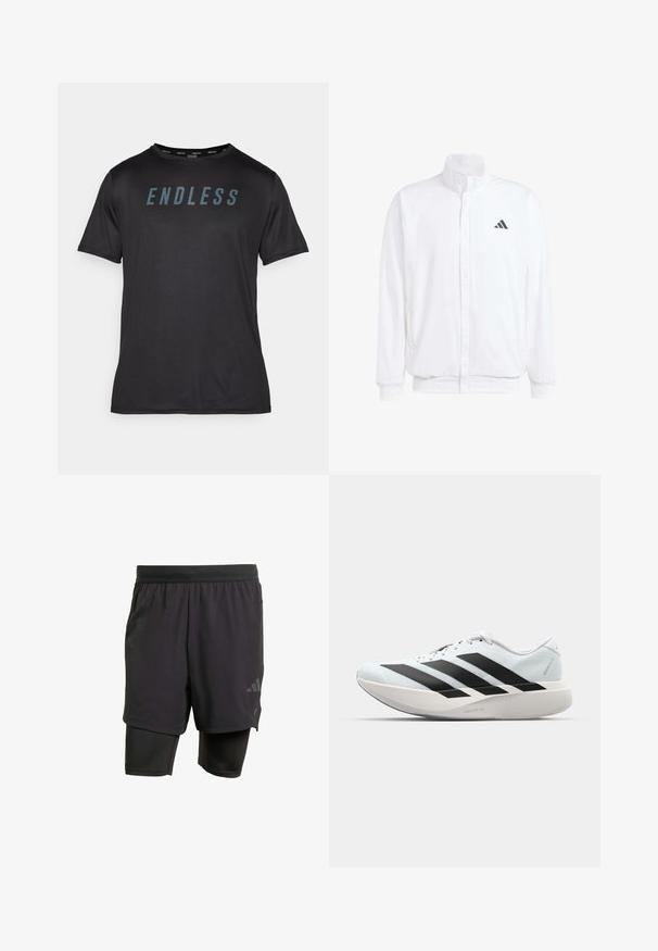 Bílá lehká bunda s stojatým límcem, předním zipem, bočními kapsami a černým logem Adidas na levé hrudi. Měkká textura.; Endless ACE - Sportovní tričko - black; Černé sportovní šortky s integrovanou vnitřní vrstvou, vyrobené z prodyšné tkaniny. Obsahují nenápadné logo a strukturovanou texturu. Nastavitelný pas.; Lehké běžecké boty v světle modré barvě s černými pruhy. Mají hladký svršek, kulatou špičku a silnou bílou mezipodešev označenou "LIGHTSTRIKE PRO."