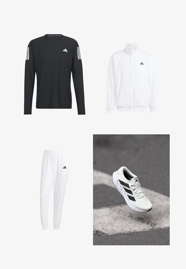 Chaqueta ligera blanca con cuello alzado, cierre frontal con cremallera, bolsillos laterales y un logo negro de Adidas en el lado izquierdo del pecho. Textura suave.; Camisa negra de manga larga hecha de un tejido ligero, con cuello redondo, superficie texturizada y logo de tres rayas blancas en las mangas.; Pantalones deportivos blancos de tela suave, con cinturilla elástica y puños ajustados, y un logo negro en el bolsillo trasero.; Zapatilla deportiva blanca con parte superior de malla texturizada, rayas negras, cierre de cordones y suela acolchada, levitando sobre una superficie de carretera marcada.