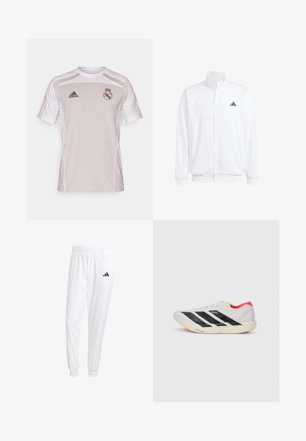 Biela ľahká bunda so stojáčikovým golierom, predným zipsom, bočnými vreckami a čiernym logom Adidas na ľavej hrudi. Mäkčená štruktúra.; Šedé športové tričko s krátkymi rukávmi, bielymi akcentmi, logom Adidas a emblémom Real Madrid na ľavej náprsnej strane. Ľahký materiál.; Biele športové nohavice z hladkej tkaniny, s elastickým pásom a priliehavými manžetami, s čiernym logom na zadnej vrecku.; Biele behacie topánky s čiernymi pruhmi, neonovo zelenými akcentmi a červeným podpätkom. Majú ľahkú konštrukciu a textúrovanú podrážku pre lepšiu trakciu.