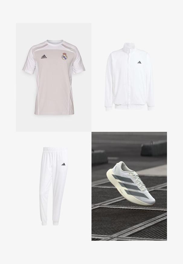 Bílá lehká bunda s stojatým límcem, předním zipem, bočními kapsami a černým logem Adidas na levé hrudi. Měkká textura.; Šedé sportovní tričko s krátkými rukávy, bílými akcenty, logem Adidas a emblémem Real Madrid na levé části hrudi. Lehký materiál.; Bílé sportovní kalhoty vyrobené z hladkého materiálu, s elastickým pasem a přiléhavými manžetami, s černým logem na zadní kapse.; Bílá sportovní obuv s texturovaným síťovaným svrškem, zdobená šedými pruhy a polstrovanou podrážkou. Lehký design vhodný na běhání.